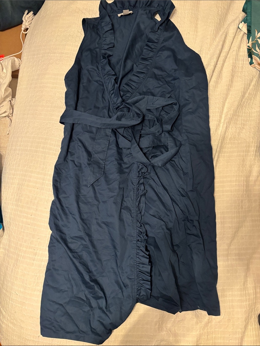 LOFT Navy Ruffled Sleeveless Wrap dress with Tie